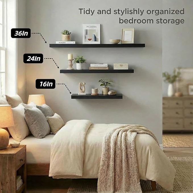 SAUMONIERES Floating Shelves Wall Shelf Solid Wood for Bathroom Bedroom Kitchen Set of 3, Black Wall Shelves