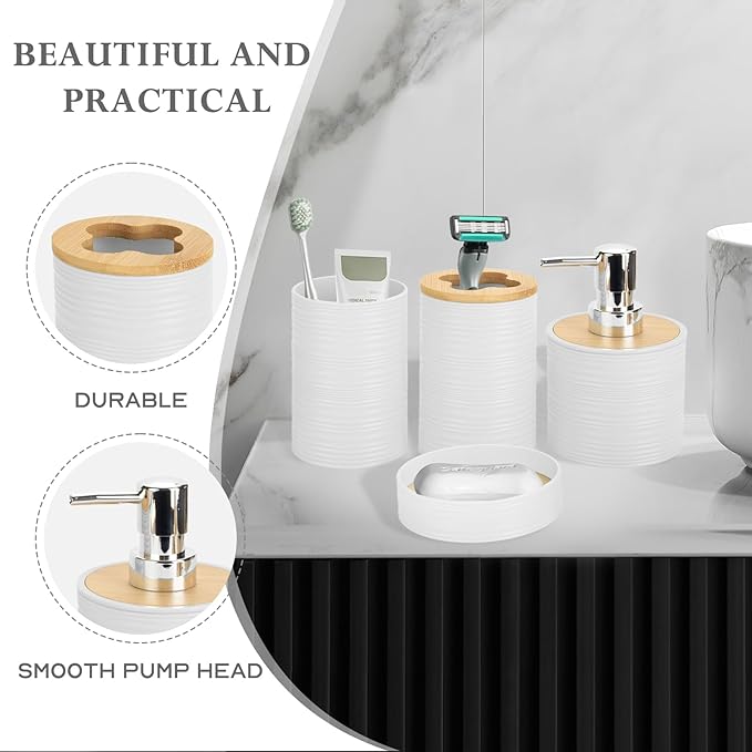 4 Pieces Bamboo Bathroom Accessories Set, Bathroom Accessory Set with Soap Dispenser and Toothbrush Holder, Soap Dish and Toothbrush Cup, Boho Bathroom Decor(White)
