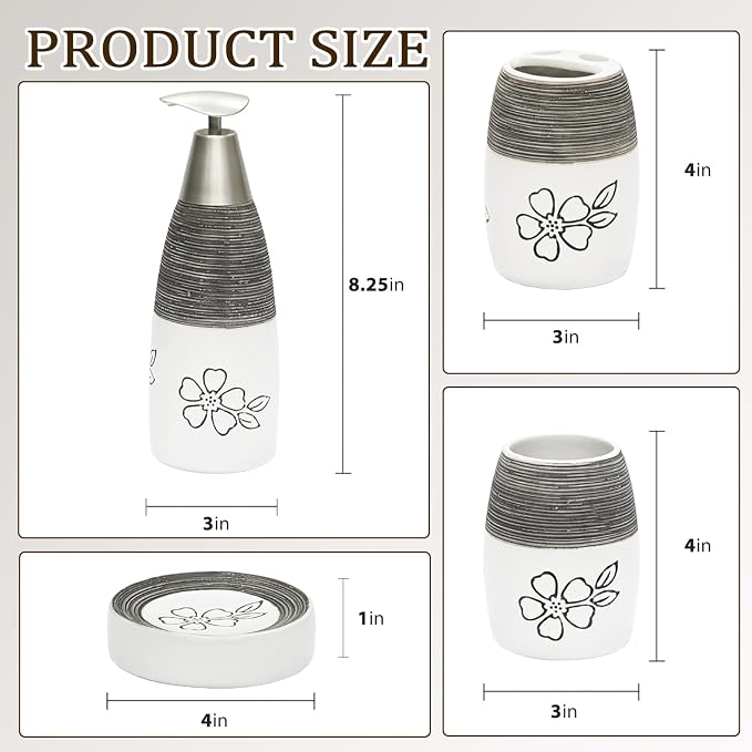 CERBIOR Bathroom Accessories Set,4 Pcs Ceramic Bathroom Decor Accessory,Includes Toothbrush Holder, Toothbrush Cup, Soap Dish for Decorative Countertop and Housewarming Gift, (White Flower)