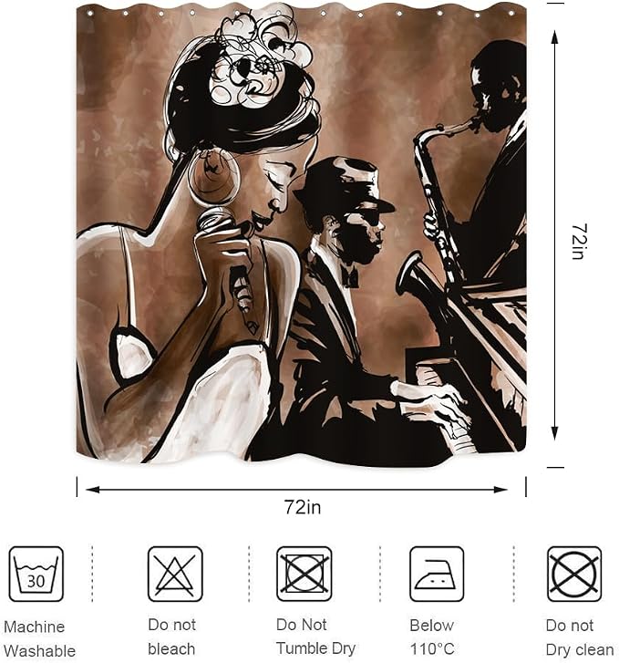 American Woman Jazz Shower Curtain African Black Girl Singing Jazzist Afrocentric Black Art Grunge Style Waterproof Fabric Bathroom Decor 72x72 Inch Brown Plastic Hooks 12