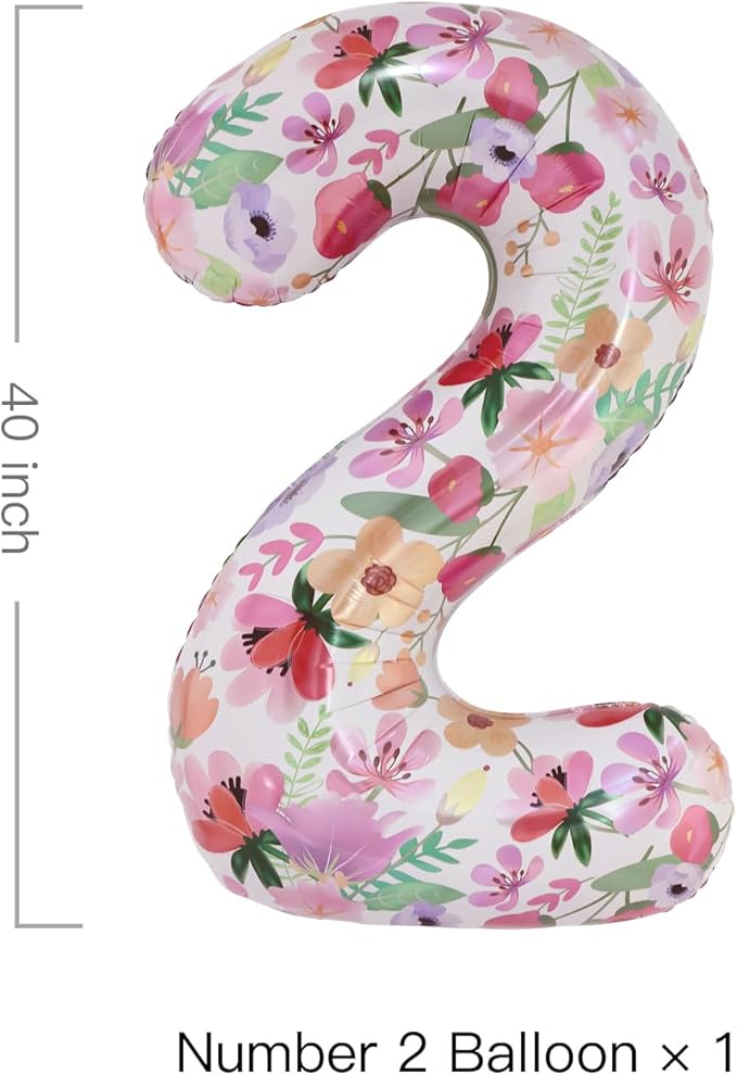 Flower Balloons 40 Inch Floral Number 2 Balloon for 2nd Birthday Garden Party Decorations Two Year Old Photo Props Foil Number 2