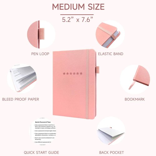 Password Book with Alphabetical Tabs | Hardcover Password Organizer & Internet Address Keeper - 5.2 x 7.6 Inches (Pink)