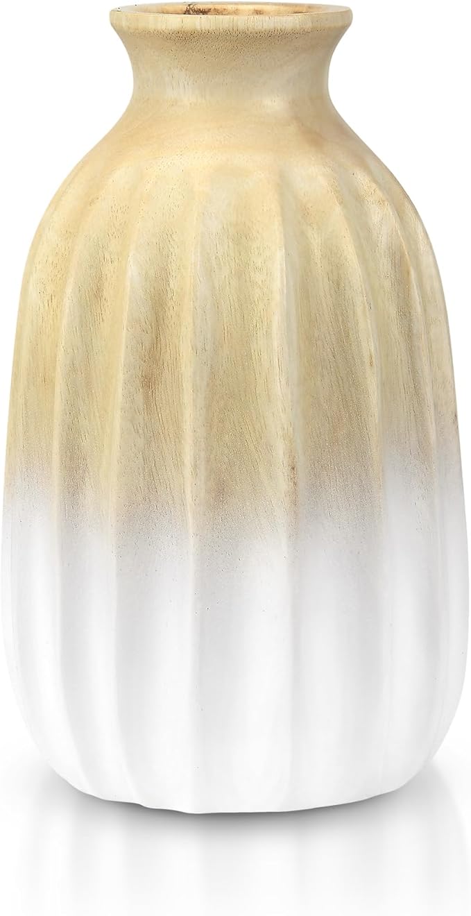 Handmade Ombre Mango Wood Vase – 8-Inch White Bottle-Shaped Decorative Accent – Modern Minimalist Flower Vase for Dried or Silk Florals – Fair Trade Artisan Home Decor