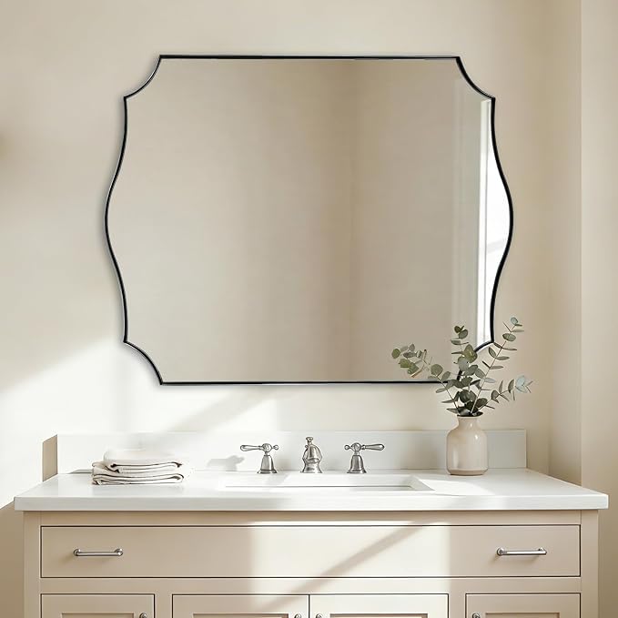 ANDY STAR 32x40 Inch Silver Mirror, Mirrors for Bathroom Sink, Large Brushed Nickel Mirror in Anti-Rust Stainless Steel Thin Frame, Elegant Curved Scallop Design, Wall-Mounted (Horizontal/Vertical)