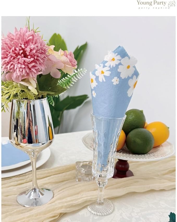 100 Pack Floral Paper Napkins, Blue-White Flowers Cocktail Napkins Tea Party Decorations, 4-Ply Guest Napkins Disposable for Wedding Birthday Baby Shower Bar Hotel Restaurant Folded 6.5 x 6.5 Inches