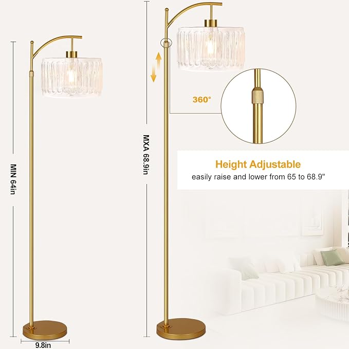 QIYIZM Glass Floor Lamp for Living Room,Bedroom,Gold Dimmable Standing Lamp with Remote,Brass White Tall Lamp Boho Mid Century Modern Floor Lamps Arc Floor Light Lamp Girls Kids Bohemian