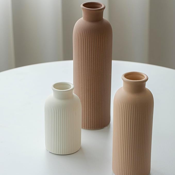 Modern Ceramic Vase Set, Earth Tone Natural Color Ribbed Matte Design, 3-Piece Decorative Vases for Home, Living Room, Office (Coffee Mix)