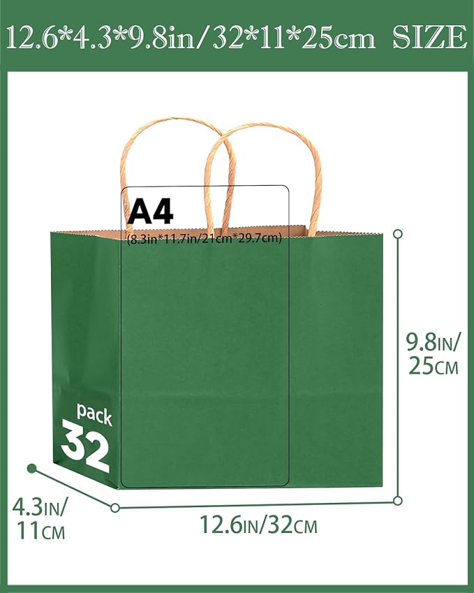 qiqee 13"x4.5"x10" Large Gift Bag with Handles Bulk 32PCS Gift Paper Bags Deep Green Bags Multiple Uses (Wide Large)