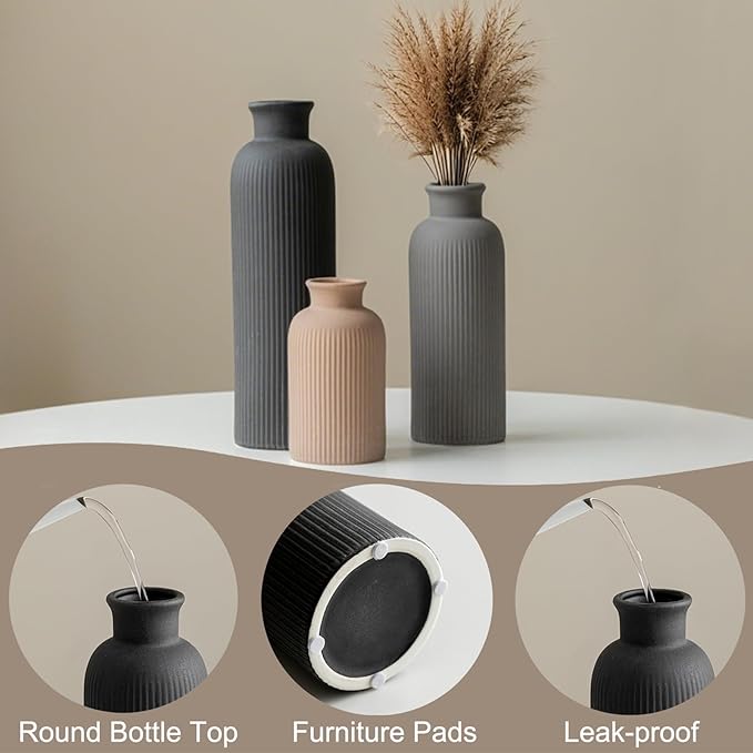 Modern Ceramic Vase Set, Black Ribbed Matte Design, 3-Piece Decorative Vases for Home, Living Room, Office (Black Mix)
