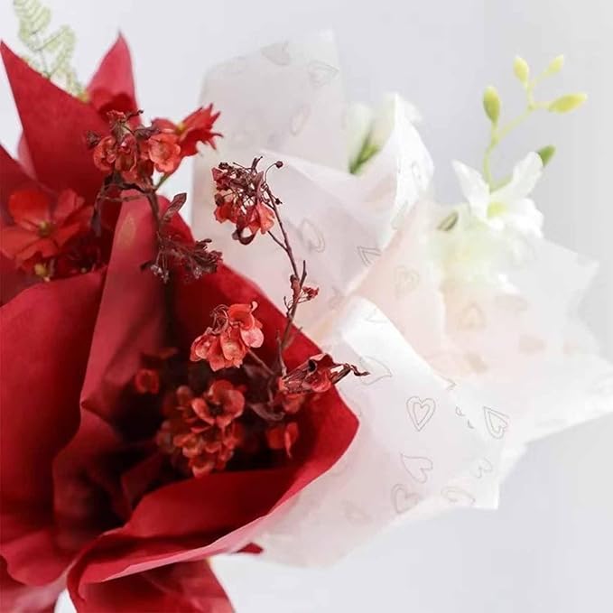 FAYADA 40 Sheet Korean Cotton Non-Woven Waterproof Flower Wrapping Paper, 22.8x22.8 Inch/pcs Floral Tissue Paper for flower bouquets Florist Supplies, Gift Packaging (Wine Red Heart)