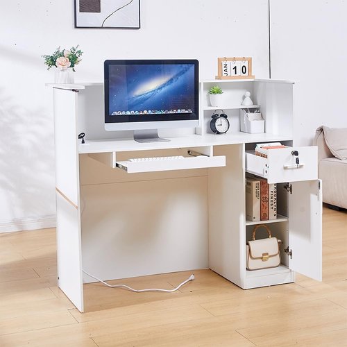 Modern Reception Desk | 50" Front Desk with Lockable Drawer, Keyboard Tray & LED Lights - Perfect for Lobbies & Salons
