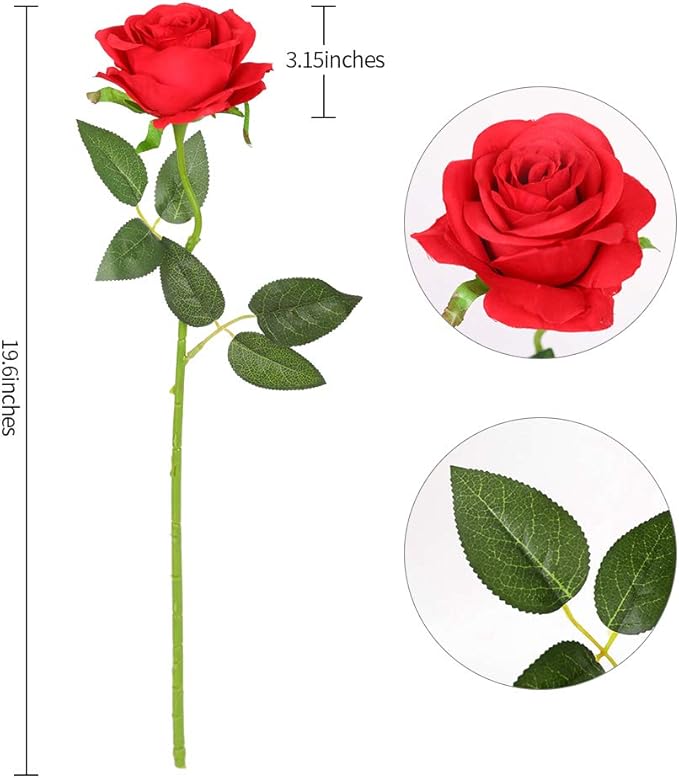 Kisflower 12 Pcs Red Roses Artificial Flowers with Stems Silk Roses Fake Rose Realistic Flower Bouquet for Wedding Party Office Home Decor (Red)