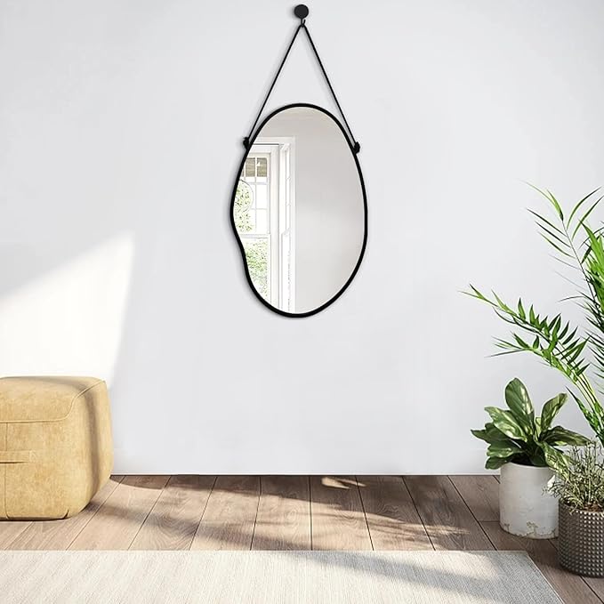 Bedroom Wall Mirror Irregular Black Frame Asymmetrical Mirror for Wall Vanity Bathroom Living Room Bedroom Entryway Hallway Modern Unique Decorative Artistic Hanging Mirror