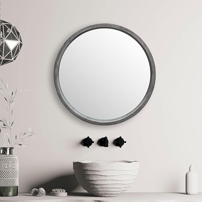 LYYYXGYP Round Wood Gray Mirror 30x30 Inch Modern Wall Mounted Mirror Wooden Frame Grey Circle Mirror for Bathroom