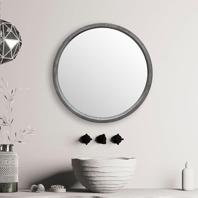 LYYYXGYP Round Wood Gray Mirror 24 X 24 Inch Modern Wall Mounted Mirror Wooden Frame Grey Circle Mirror for Bathroom