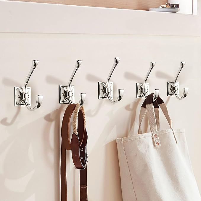 Large Wall Hooks 10 Pack Polished Nickel Coat, Towel, Double Robe Hooks - 4.35 Inch, Wall Mounted with Screws for Hangers, Bags, Cups, Hats