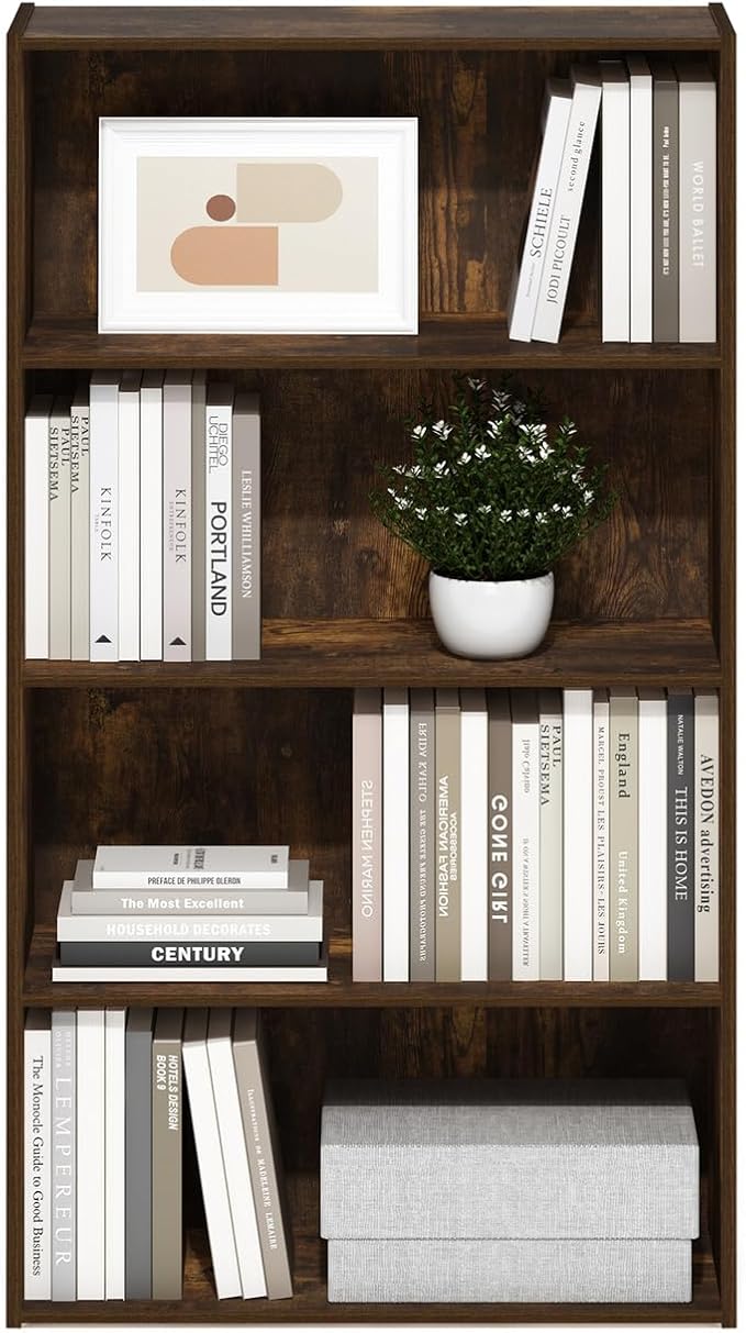 Furinno PASIR Book Shelf, 4-Tier Bookshelf, Bookcase with Open Shelf, 9.4 x 23.6 x 41.7, for Living Room, Bedroom, Home Office, Amber Pine