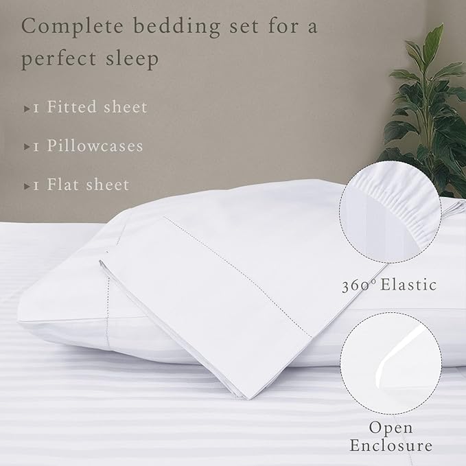Threadmill 500 Thread Count Twin Size Damask Stripe, 3 Pc Luxury Cotton Bedding Set, Breathable & Soft Stripe Hotel White Sheets with 15" Elasticized Deep Pocket, 1 Pillowcase & Free Tote Bag
