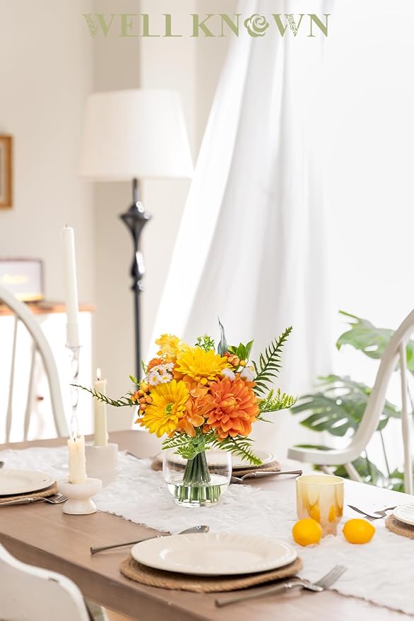 Fake Flowers in Vase with Fake Water, Realistic Faux Silk Dahlia & Gerbera Daisy Artificial Flower Arrangements for Fall Winter Home Wedding Thanksgiving Birthday Party Decor & Gift (Yellow & Orange)