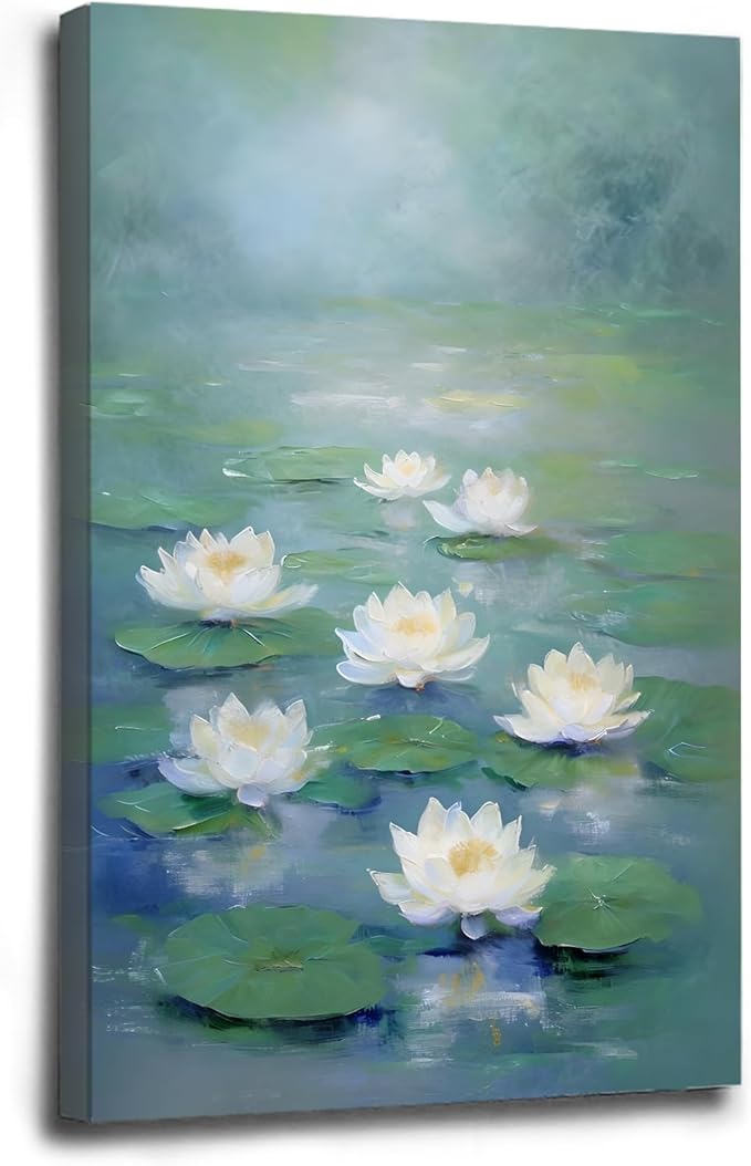 Zen wall art Delicate white lotus flower floating on calm water Vintage oil painting print Serene aquatic wall art creates a tranquil home decor 20x30in Wood Framed