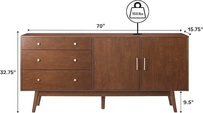 Walker Edison Mid-Century Modern Kitchen Buffet Sideboard Entryway Serving Storage Cabinet Doors-Dining Room Console, 70 Inch, Acorn