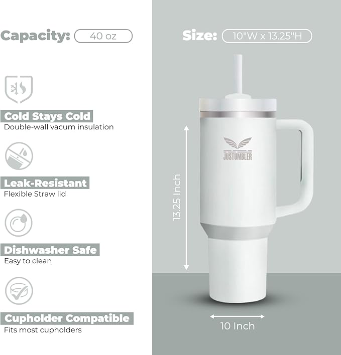 40 Oz Insulated Tumbler with Handle and Straw, Stainless Steel Coffee Travel Mug with Lid, Leak Proof Water Bottle with Accessories, Frost