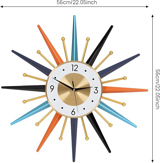 Large Wall Clock 22 Inch, Mid Century Wall Clock Starburst Clock Modern Decor Silent Non-Ticking, Home Décor Big Wall Clocks for Living Room, Kitchen, Dining Room, Bedroom