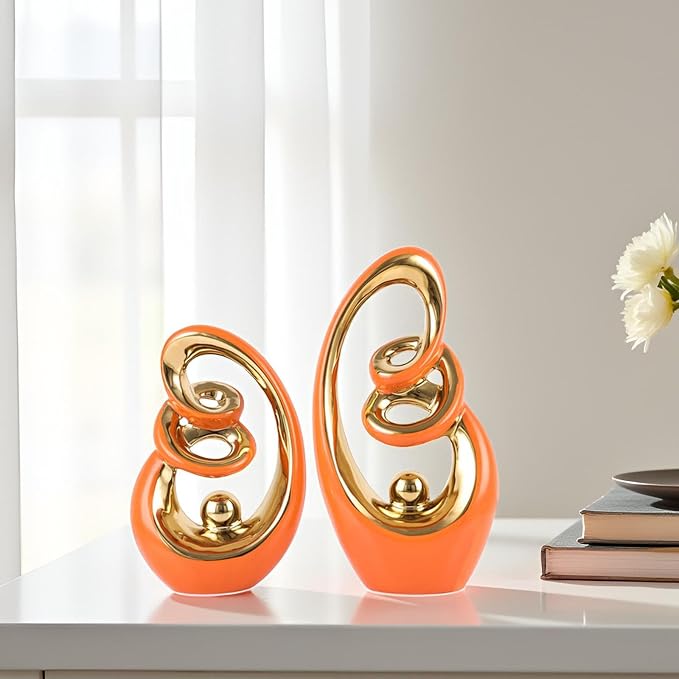Orange Ceramic Abstract Sculpture Statue,Mid Century Modern Gold Accent Decor,Porcelain Statues Art Deco Gold Show Piece for Home - Contemporary Tv Stand End Table Centerpieces (Orange Gold)