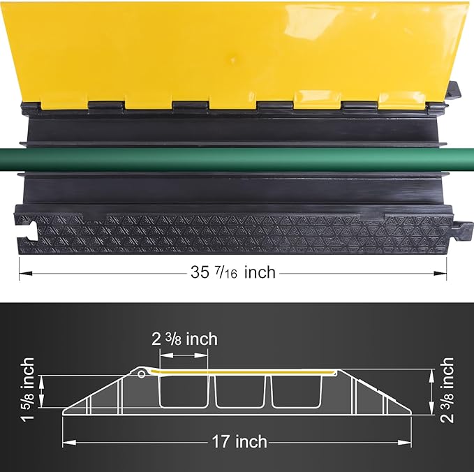 OranLite Rubber Cable Protector Ramp, Heavy Floor Cable Wire Cord Cover Speed Bumps 22000Lbs Load Capacity, Driveway Hose Cable Ramp Protective Cover for Indoor and Outdoor (3-Channel x 2Pcs)