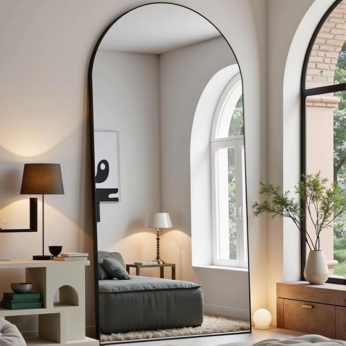Dewfig Arched Full Length Mirror, 71"x30" Large Floor Mirror, Full Body Mirrors for Leaning or Hanging, Standing Mirrors for Bedroom, Living Room,Dressing Room, Aluminum Alloy Frame, Black