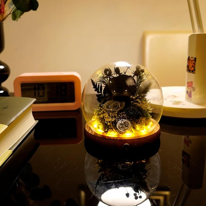 Preserved Real Rose Flowers in Glass Dome with LED Lights,Real Rose Flowers Unique Floral Gift for Girlfriend Mom Wife Girlfriend on Christmas Birthday Anniversary (Elegant Black)