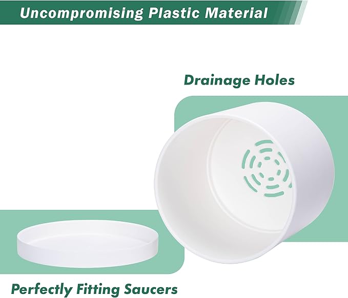 D'vine Dev 12 Inch Plastic Planter Pots for Plant Pot with Drainage Hole and Seamless Saucers, White Color, 74-X-A-3
