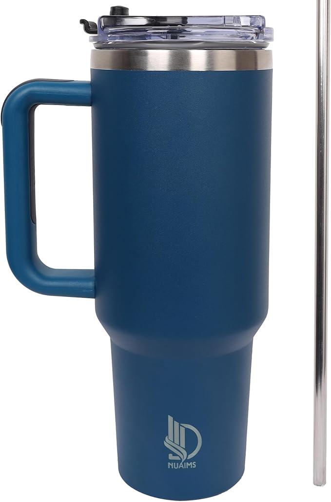 40oz Insulated Tumbler with Handle, Leakproof Straw Lid & Carry Handle - Double Wall Vacuum Insulation Keeps Ice 24 Hours, BPA Free Stainless Steel Water Bottle (Charcoal Blue)