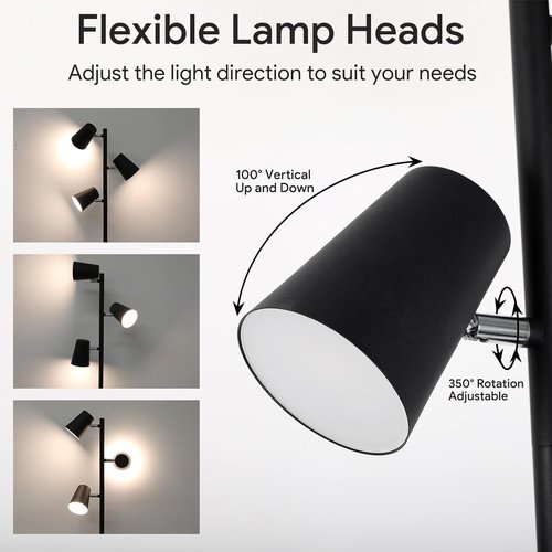 Energetic Dimmable Floor Lamp - Modern LED Tree Design with 5 Color Temperatures | Adjustable Heads for Bedroom & Living Room - Black