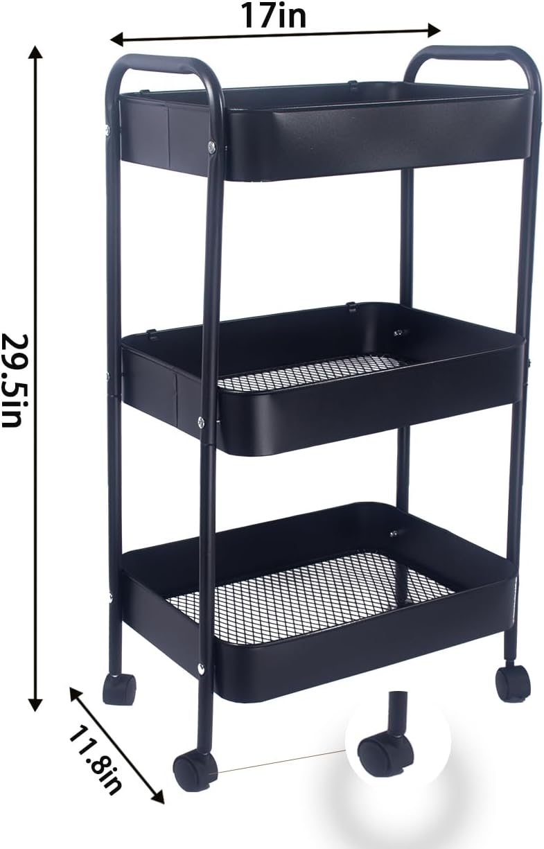 XIUSHE 3-Tier Rolling Metal Utility Cart - Sturdy Portable Organizer for Office, Kitchen, Bathroom | Black