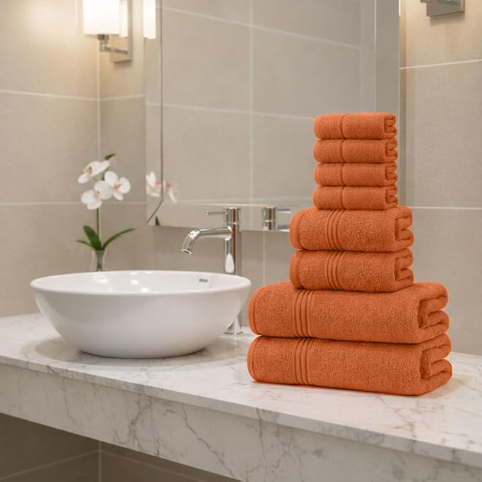 Orange Bath Towels for Bathroom – 100% Cotton, Thick, Soft, Luxury Bath Towels Set with 2 Extra Large Bath, 2 Hand, and 4 Washcloths – Plush, Absorbent, and Hotel-Quality Towels for Bathroom & Spa