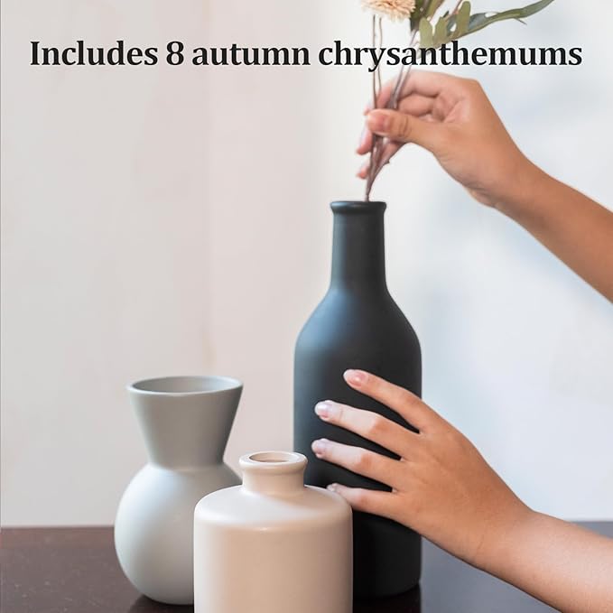 Ceramic Flower Vase Set of 3, Fake Flowers in Vase for Centerpieces with 8 Artificial Autumn Chrysanthemums Artificial Decorative Swags