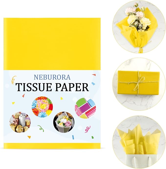 NEBURORA 120 Sheets Yellow Tissue Paper - 14 x 20 Inches Wrapping Tissue Paper Bulk - Yellow Wrap Paper Sheets for Gift Bags, Packaging, Floral Filler, Birthday, Baby Shower, Sunflower Decor