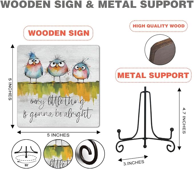 Funny Adorable Birds Wooden Sign - Every Little Thing Is Gonna Be Alright - Hand-Drawn Decor for Shelf, Desk, Tabletop - Uplifting Inspirational Gift, 5x5 Inches -K16