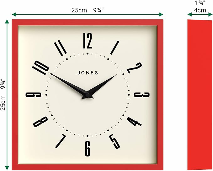 JONES CLOCKS® Box wall Clock | Retro Square | 10 inch | Red | Easy to Read Numbers | Perfect Kitchen or Office Clock