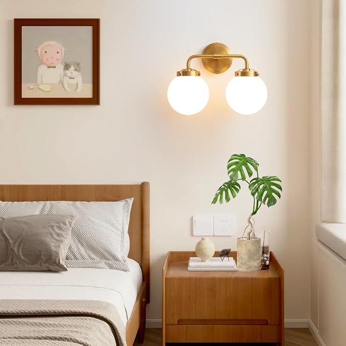 Bathroom Vanity Light Fixtures Over Mirror, Modern Brass Gold 2 Lights Wall Sconce Lighting with Milky Glass Ball Shades, Mid Century Farmhouse Bathroom Lighting
