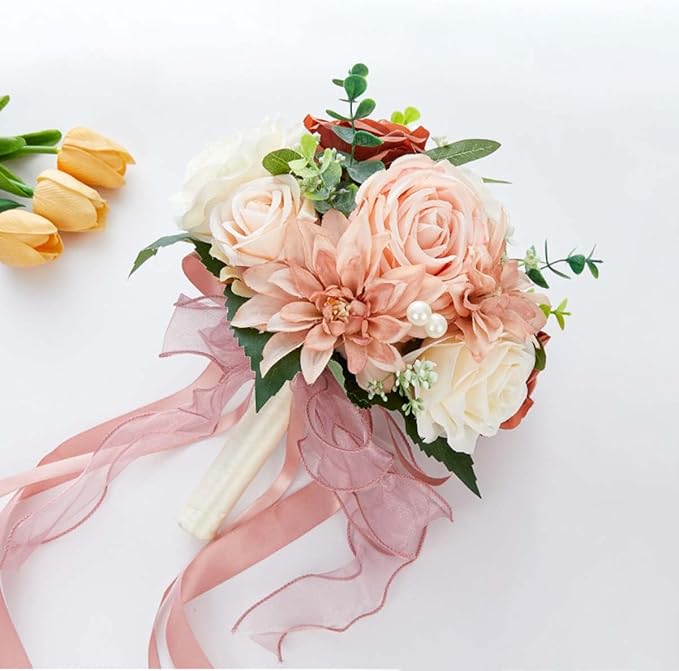 CYANLUX Wedding Bouquets for Bride Bridesmaid Bouquet Champagne White Artificial Roses Flowers for Wedding Valentine's Day Church Home Decoration… (Pink)