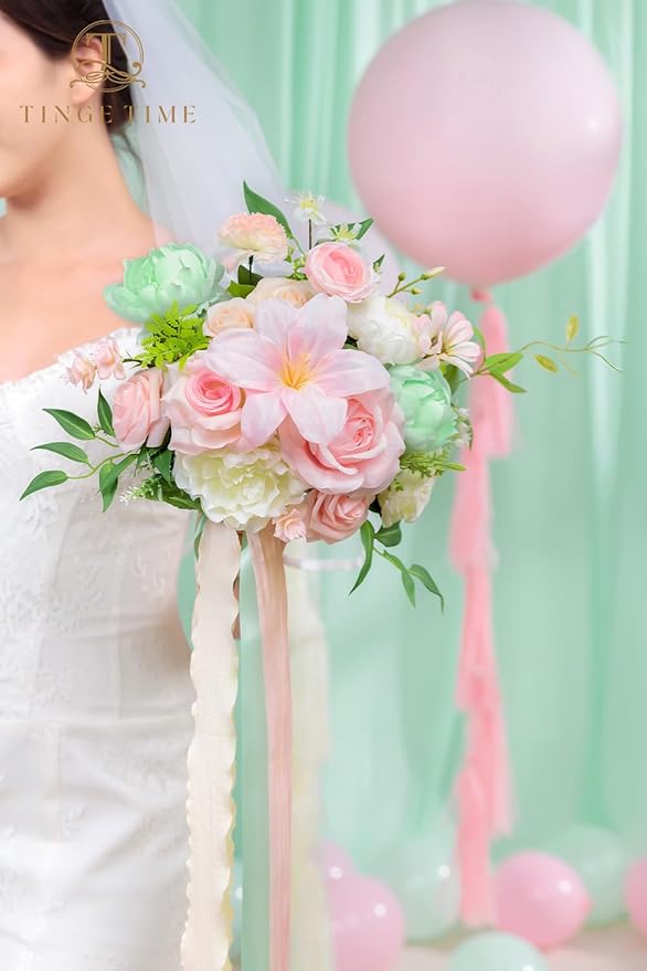 TINGE TIME Wedding Bouquets for Bride, 9 Inch Handcrafted Silk Bridal Flowers Bouquets for Wedding Ceremony, Gift for Bridesmaid, Bouquet for Party Church Decoration,and Romance Gifts (MintGreen&Pink)