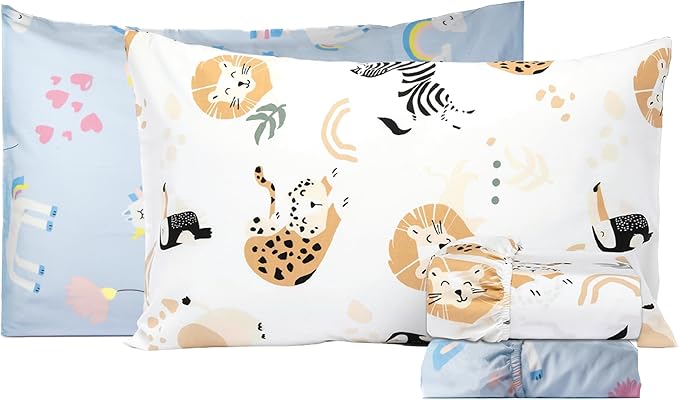 Salt Earth 100% Cotton 210TC Kids Bedsheet, Twin Sheet Set, Toddler Bed, 4-Piece Set – 2 Fitted Sheets & 2 Pillowcases, Themed Toddler Bed Sheets, Cute Kids Bedding (Unicorn/Jungle Safari)