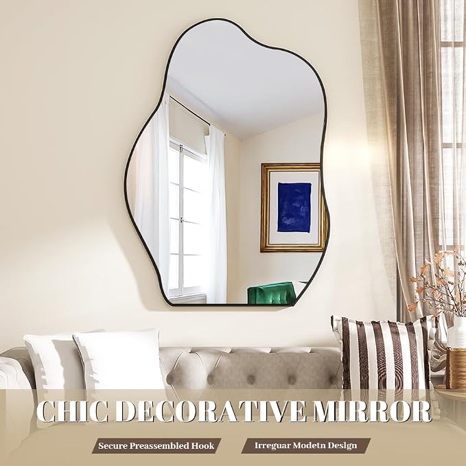BEAUTYPEAK Asymmetrical Mirror, 22 x 32 Inches Irregular Wall Mirror, Wood Frame Unique Shape Wall Mounted, Decorative for Living Room Bedroom Entryway Hallway