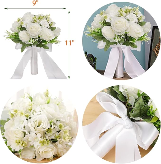 CYANLUX Wedding Bouquets for Bride Bridesmaid Bouquet Champagne White Artificial Roses Flowers for Wedding Valentine's Day Church Home Decoration (White)…