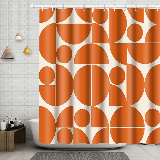 Vintage Orange Mid Century Modern Shower Curtain Boho Abstract Geometric Art Shower Curtains for Bathroom Decor 72x96 Inch 70s 80s Retro Washable Fabric Bathroom Set with 12 Hooks