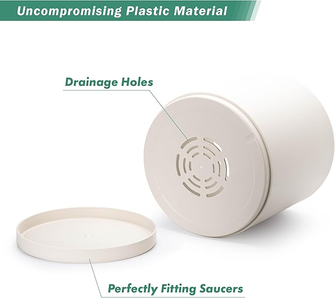 D'vine Dev 14 Inch Plastic Planter Pots for Plant Pot with Drainage Hole and Seamless Saucers, Oatmeal, 74-X-H-4