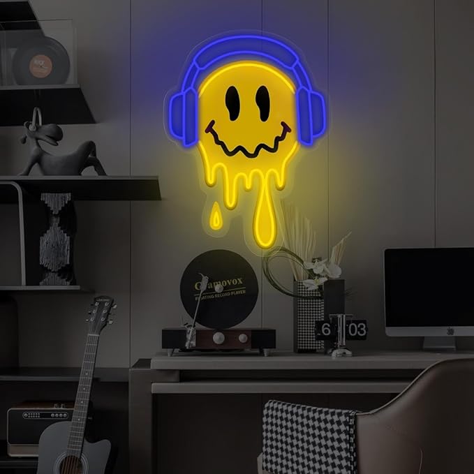 Melting Smile Face With Headphone Neon Sign for Wall Decor Neon Smile Light Signs for Kids Room Bar Party Bedroom Decor Lamp Personalized Gifts Kids Room, Wedding Decoration, Holiday Gift-Blue