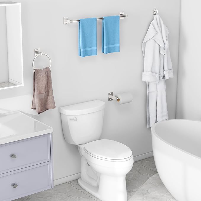 Brushed Nickel Bathroom Accessories Set, KLJKPA 4 Pieces Bathroom Hardware Set, 24 inch Towel Bar, Towel Racks for Bathroom, Robe Towel Hooks, Toilet Paper Holder Wall Mounted